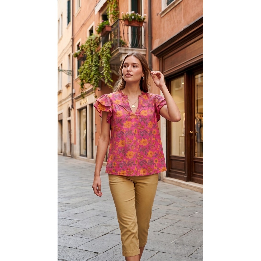 Jennifer & Grace Women's Rust Floral Flutter Sleeve V-Neck Blouse Cotton XL Boho